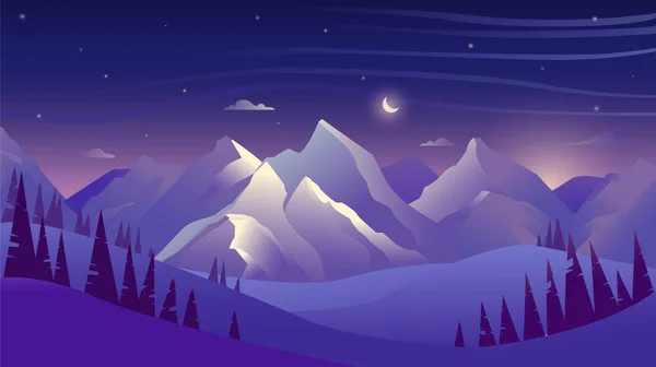 Montañas y bosque por la noche, cielo con nubes y estrellas, hermoso paisaje — Vector de stock