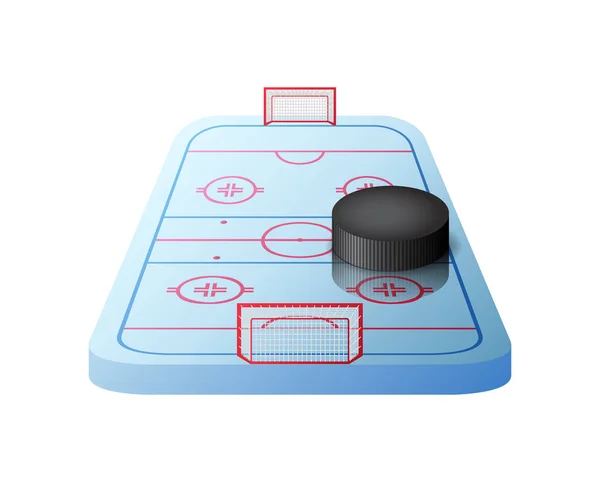 3d pista de hockey con puertas y disco negro aislado — Archivo Imágenes Vectoriales