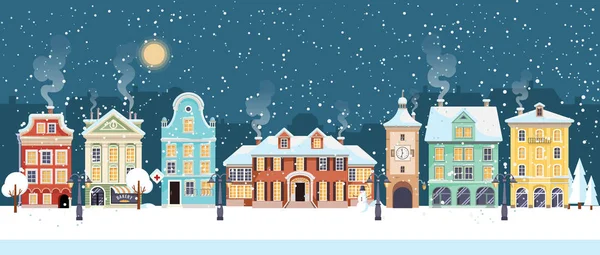 Noche de Navidad nevada en el acogedor panorama de la ciudad. Pueblo de invierno vacaciones paisaje, vector de ilustración — Archivo Imágenes Vectoriales