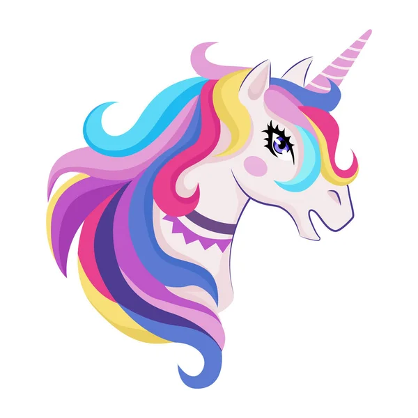 Unicorn ajaib dengan warna-warni tanduk dan ikon surai, dekorasi untuk interior ruang gadis atau ulang tahun, lencana atau stiker, vektor - Stok Vektor