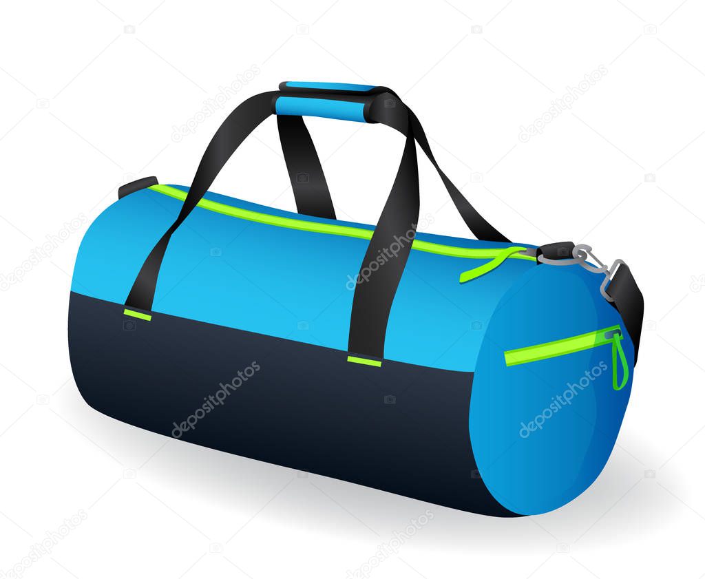 Blue black sport bag for sportswear and equipment icon isolated on white background, workout, training, fitness, vector illustration