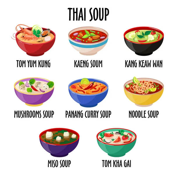 Tayland çorba ikonu seti, renkli kaselerde farklı yemekler izole edilmiş. — Stok Vektör