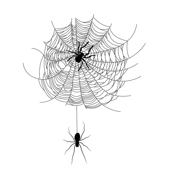 Zestaw pajęczej pajęczyny o różnych kształtach z wyizolowanymi czarnymi pająkami — Wektor stockowy
