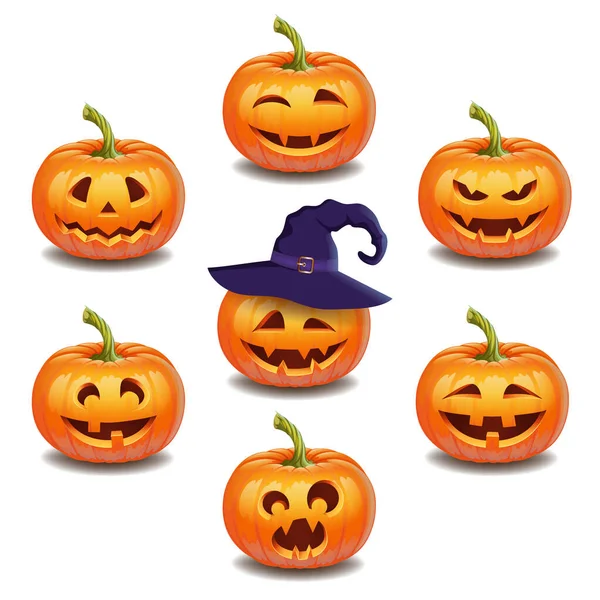 Conjunto de calabazas de halloween de colores brillantes cara, emoción . — Vector de stock