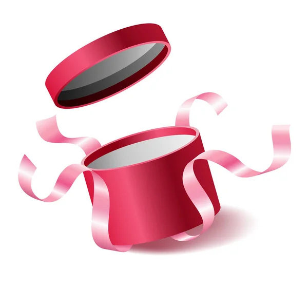 Красный розовый открылся 3D реалистичный круглый подарочный бокс с отлетающей крышкой и лентами и место для текста, реалистичные коробки векторной иллюстрации . — стоковый вектор