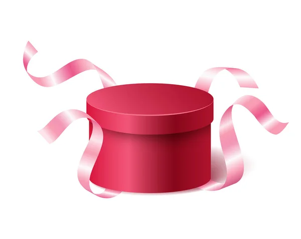 Красно-розовая закрытая 3D реалистичная круглая подарочная коробка с отлетающими лентами и местом для вашего текста, реалистичная векторная иллюстрация коробки . — стоковый вектор