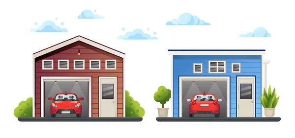 Två öppna olika garage med röda bilar inne och gröna växter nära, himmel med moln, vektor illustration. — Stock vektor