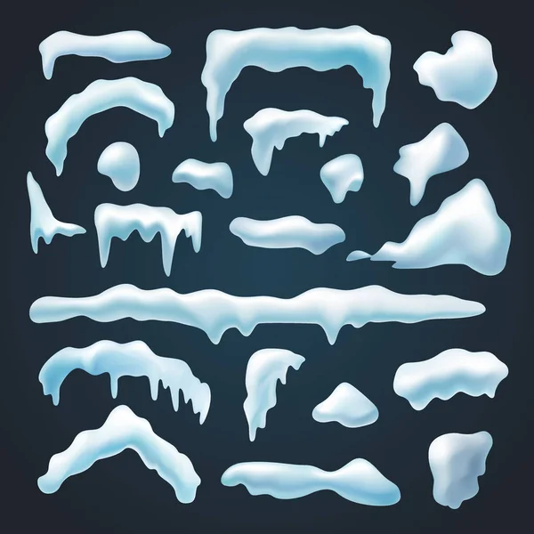 Conjunto de gorras de nieve, ventisqueros de diversas formas, elementos decorativos estacionales nevados, ilustración vectorial aislada . — Vector de stock