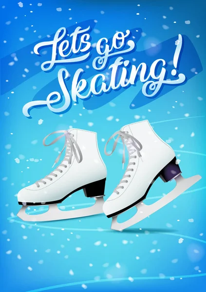 Vamos patinar cartaz com par de patins de gelo clássicos brancos no fundo de gelo azul, modelo de vetor . — Vetor de Stock
