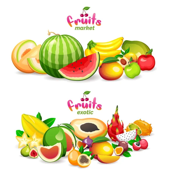 Montaña de frutas exóticas sobre fondo blanco, logo de la tienda de frutas y banner, ilustración vectorial. — Archivo Imágenes Vectoriales