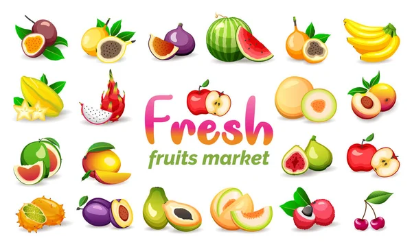 Σύνολο από διάφορα εξωτικά φρούτα που απομονώνονται σε λευκό φόντο, επίπεδη στυλ διανυσματικές απεικονίσεις. Χορτοφαγικά τρόφιμα — Διανυσματικό Αρχείο