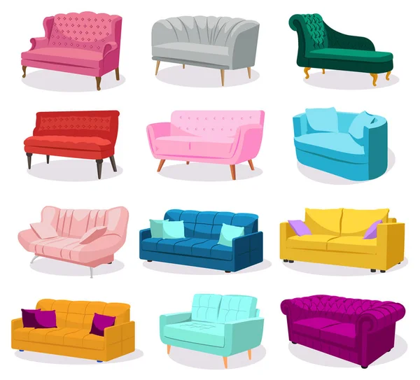 Grande set di divani morbidi colorati moderni con tappezzeria — Vettoriale Stock