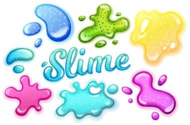 Colorful glitter slime blobs vector illustration set. Girly goo stains collection on white background. Fun game for kids clipart