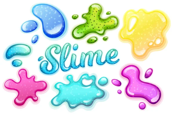 Colorful glitter slime blobs vector illustration set. Girly goo stains collection on white background. Fun game for kids — Stock Vector