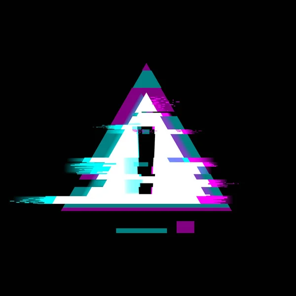 Avertissement de style glitch déformé et symbole d'erreur - point d'exclamation dans un triangle, illustration vectorielle sur fond noir — Image vectorielle