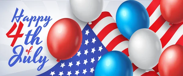 Banner do dia da independência dos EUA, cartaz ou cartão de saudação com bandeira nacional e balões em fundo azul, ilustração vetorial — Vetor de Stock