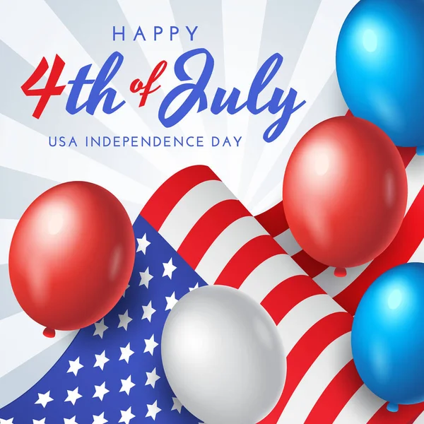 Banner do dia da independência dos EUA, cartaz ou cartão de saudação com bandeira nacional e balões em fundo azul, ilustração vetorial — Vetor de Stock