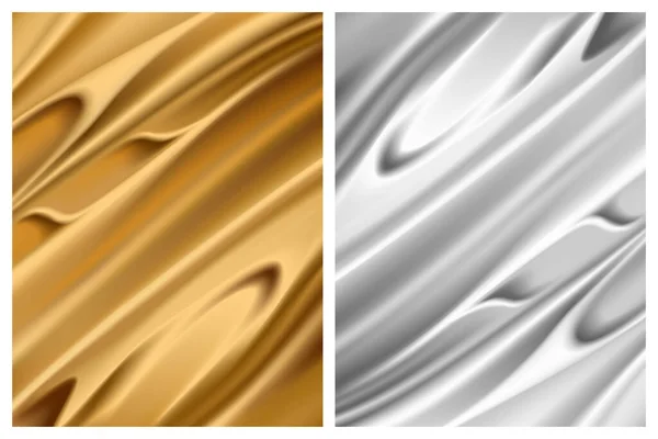 Set di texture in lamina d'argento e oro, superfici metalliche lucide. Tessuto scintillante con pieghe, illustrazione vecor in stile realistico — Vettoriale Stock