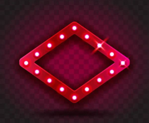 Retro SHOW TIME Rhombus frame обозначает реалистичную векторную иллюстрацию. Красный ромб с электрическими лампочками для перформанса, кино, развлечений, казино, цирка. Прозрачный фон — стоковый вектор