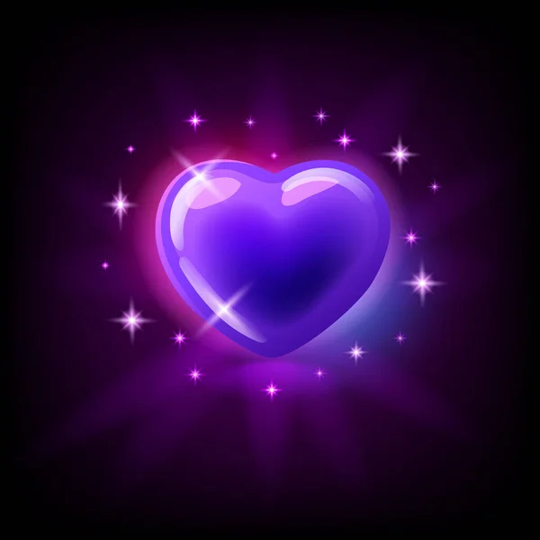 Φωτεινό μωβ γυαλιστερό καρδιά με αστράφτει, εικονίδιο υποδοχή για online καζίνο ή το λογότυπο για το κινητό παιχνίδι σε σκούρο μωβ φόντο, εικονογράφηση διάνυσμα — Διανυσματικό Αρχείο