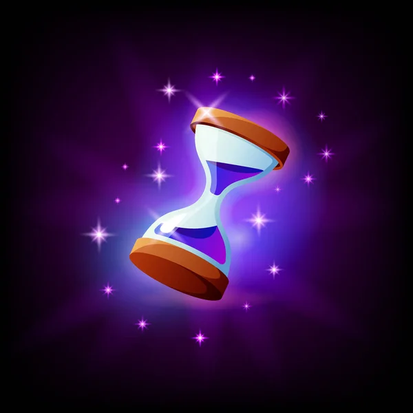 Timglasspel ikon med glitter, mörk bakgrund. Mobil applikation UI vektor illustration i tecknad stil — Stock vektor