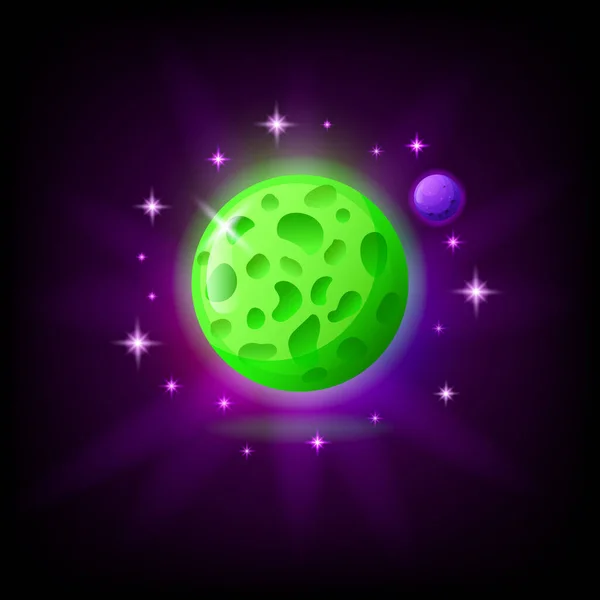 Grüner Planet Symbol für Spiel oder mobile App auf dunklem Hintergrund. Alien World Vektor Illustration im Cartoon-Stil — Stockvektor