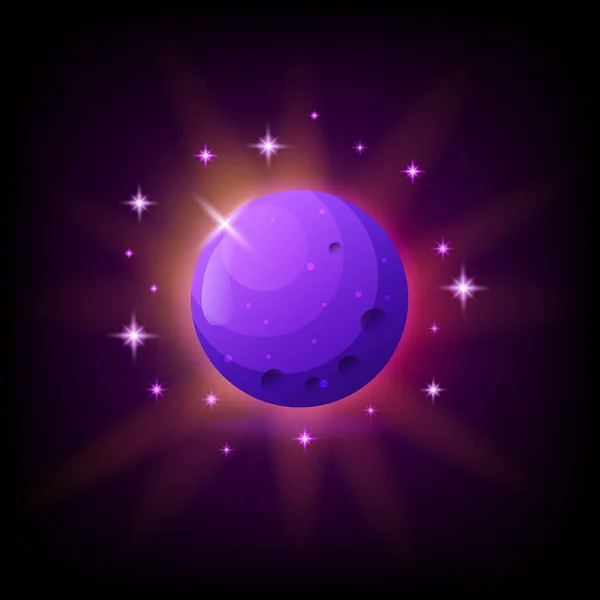 Μωβ πλανήτης με δαχτυλίδια εικονίδιο για το παιχνίδι ή το κινητό app σε σκούρο φόντο. Alien World διανυσματική απεικόνιση σε στυλ κινουμένων σχεδίων — Διανυσματικό Αρχείο