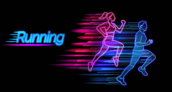 Het uitvoeren van neon licht landing page template. Man en vrouw joggen website lay-out. Gezonde levensstijl en sport vector illustratie — Stockvector