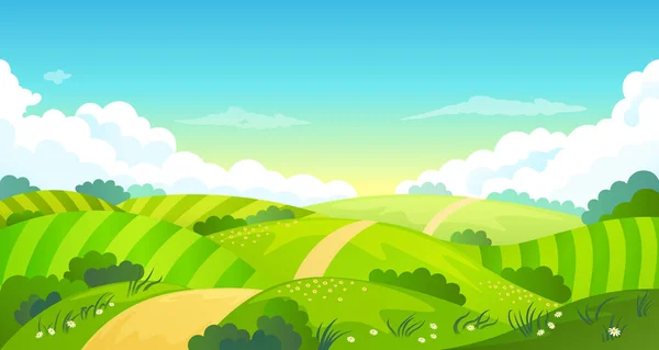 Verano colorido campos brillantes paisaje, hierba verde, cielo azul claro — Vector de stock