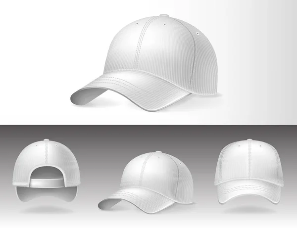 Baseball caps from different sides on white background. Sports headwear with mockup for design, realistic vector illustration collection — Stock Vector