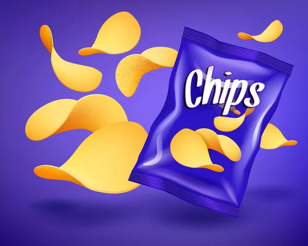 Paquete de chips azules maqueta con bocadillos crujientes amarillos, concepto de publicidad — Vector de stock