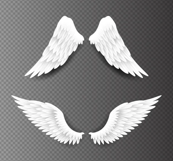 Pair of beautiful white angel wings isolated on transparent background, 3D realistic vector illustration. Spirituality and freedom — Stock Vector