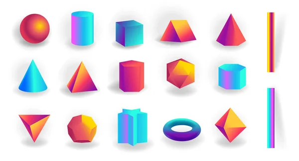 Ensemble de formes géométriques 3D et touches modifiables avec dégradé holographique isolé — Image vectorielle