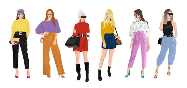 Conjunto de mulheres vestidas com roupas elegantes da moda - estilo de rua de moda — Vetor de Stock