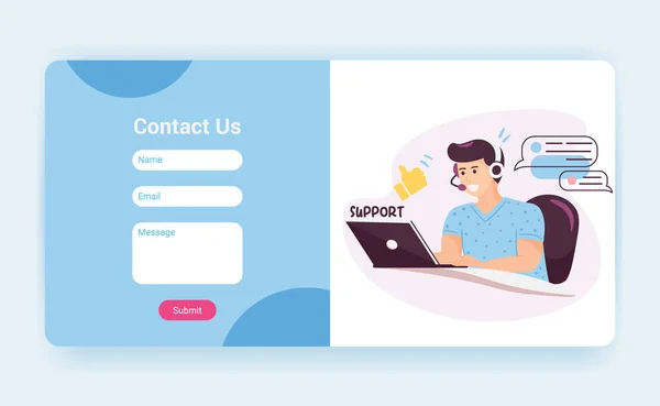 技術サポートランディングページテンプレートお問い合わせフォーム.クライアント、ウェブサイトのモックアップと話してヘッドセットを持つカスタマーサービス担当者。漫画ベクトルイラスト — ストックベクタ