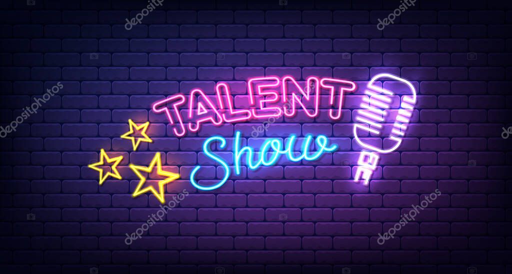 Talent show banner, poster, neon sign with stars and microphone, bright signboard, advertising or invitation, event, vector illustration.