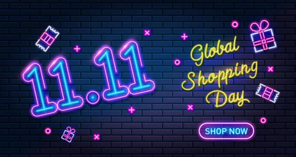 11.11 Online nákupní den Neonové znamení, prodejní plakát nebo leták design. Singles Day Sale Banner. Global shopping world day, vektorová ilustrace. — Stockový vektor