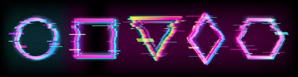 Bunte Glitch-geometrische Formen, Rahmen mit Neon-Effekt — Stockvektor