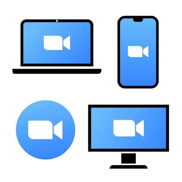 Blaues Kamera-Symbol - Live-Medien-Streaming-Anwendung auf verschiedenen Geräten - Laptop, Smartphone, Fernseher, Tablet, Monitor, Konferenzvideoanrufe mit mehreren Personen gleichzeitig Vektor-Symbol-Logo — Stockvektor