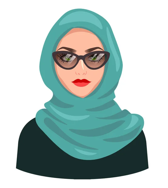 Muslim woman avatar, isolated on white. Young Arabic girl wearing hijab and sunglasses. Cartoon female portrait, flat vector illustration — Stock Vector