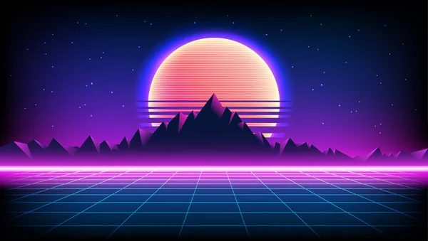 Latar Belakang Retro Sci-Fi 80-an dengan Sunrise atau Matahari terbenam langit malam dengan bintang-bintang, pegunungan lansekap cakrawala yang tak terbatas mesh dalam gaya permainan neon. Ilustrasi retrowave synth Futuristik dalam gaya poster tahun 1980-an. - Stok Vektor