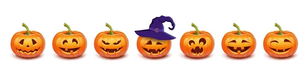 Ställ pumpa på vit bakgrund. Den viktigaste symbolen för Happy Halloween semester. Orange pumpa med leende och häxa hatt för din design för semestern Halloween. Vektorillustration — Stock vektor