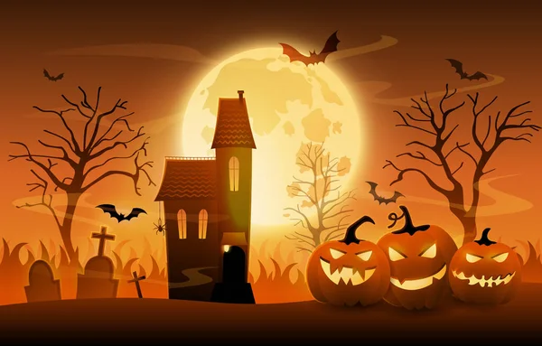 Cimetière sombre avec des citrouilles effrayantes et une maison hantée la nuit d'Halloween, ilustration vectorielle de dessin animé — Image vectorielle