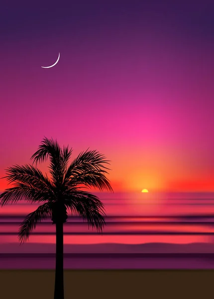 Estate sfondo spiaggia tropicale con palme, cielo alba e tramonto. Cartellino festa estiva cartellone poster volantino invito card. Ora legale. — Vettoriale Stock