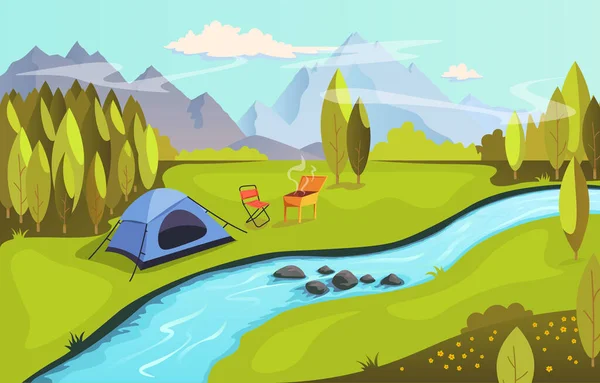 Campamento de verano y concepto de turismo de naturaleza. Acampar en la naturaleza junto al río con barbacoa. Paisaje con montañas, bosque, río y tienda, ilustración vectorial en estilo plano — Vector de stock