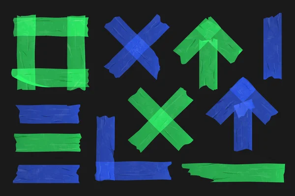 Ruban adhésif bleu et vert sur fond noir. Différentes pièces de sellotape, collection d'illustrations vectorielles réalistes — Image vectorielle