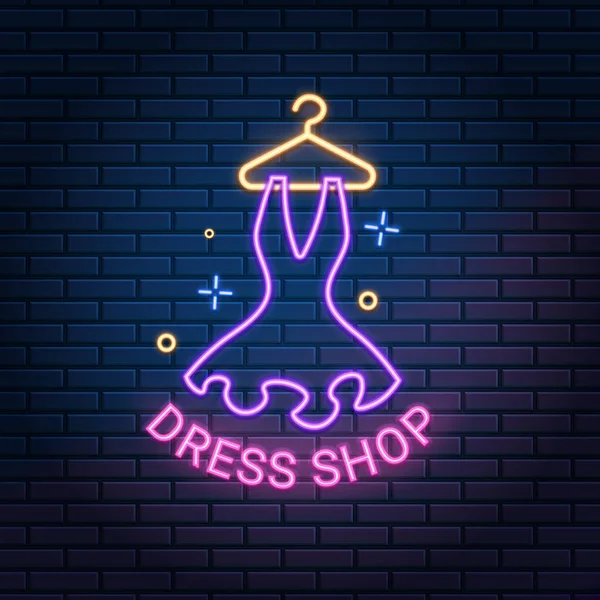 Vestido loja neon sinal de luz no fundo da parede de tijolo escuro, ilustração vetorial. Cafeteira, atelier, showroom, alfaiate, banner boutique — Vetor de Stock