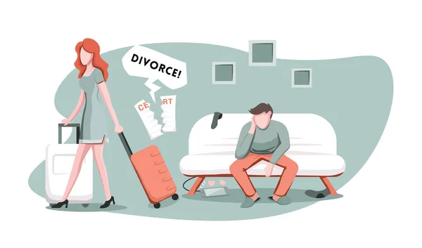 Esposa enojada con la maleta alejándose de su marido, lista para el divorcio. Pareja casada en crisis de relación, ruptura o separación, ilustración vectorial de dibujos animados — Vector de stock