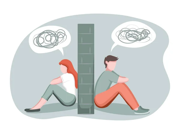 Divorce, breakup, separation concept. Depressed man and woman divided by stone wall, married couple having relationship problem, vector illustration in flat style — Stock Vector