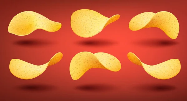 Set of yellow crispy potato chips with shadows isolated on red background — Stock Vector